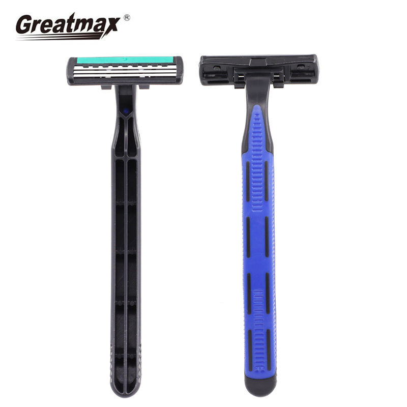 Three-blade fixed head razor with lubricating strip disposable shaver