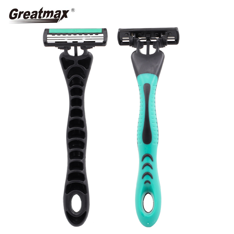 Triple blade Razors with lubricating strip and super rubber handle razor