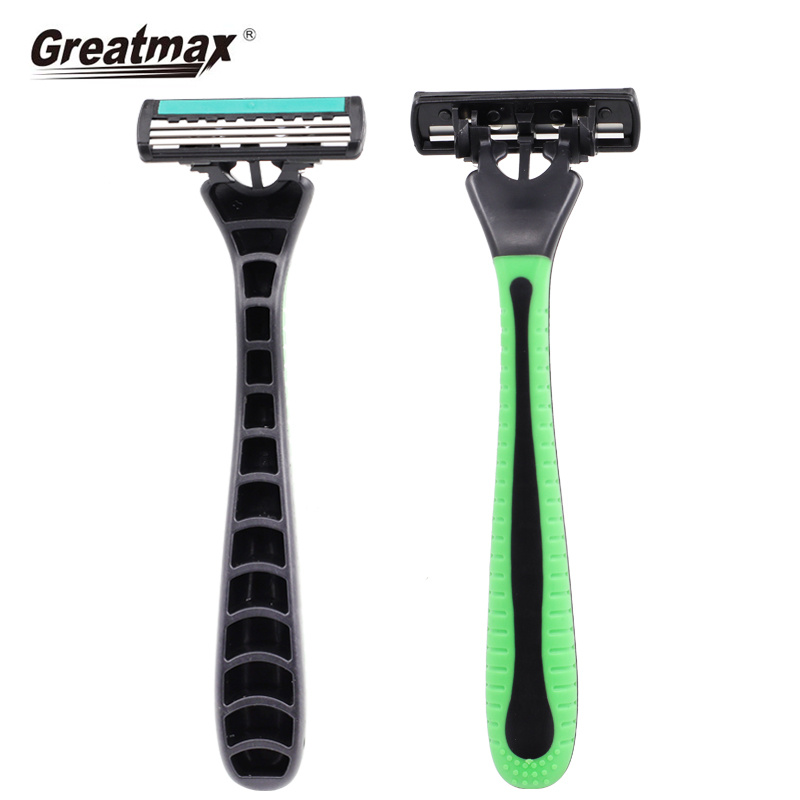 Triple blade Razors with lubricating strip and super rubber handle razor