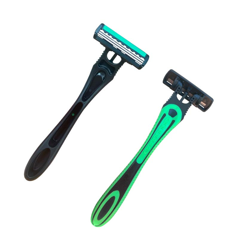 triple blade Razors with lubricating strip and super rubber handle