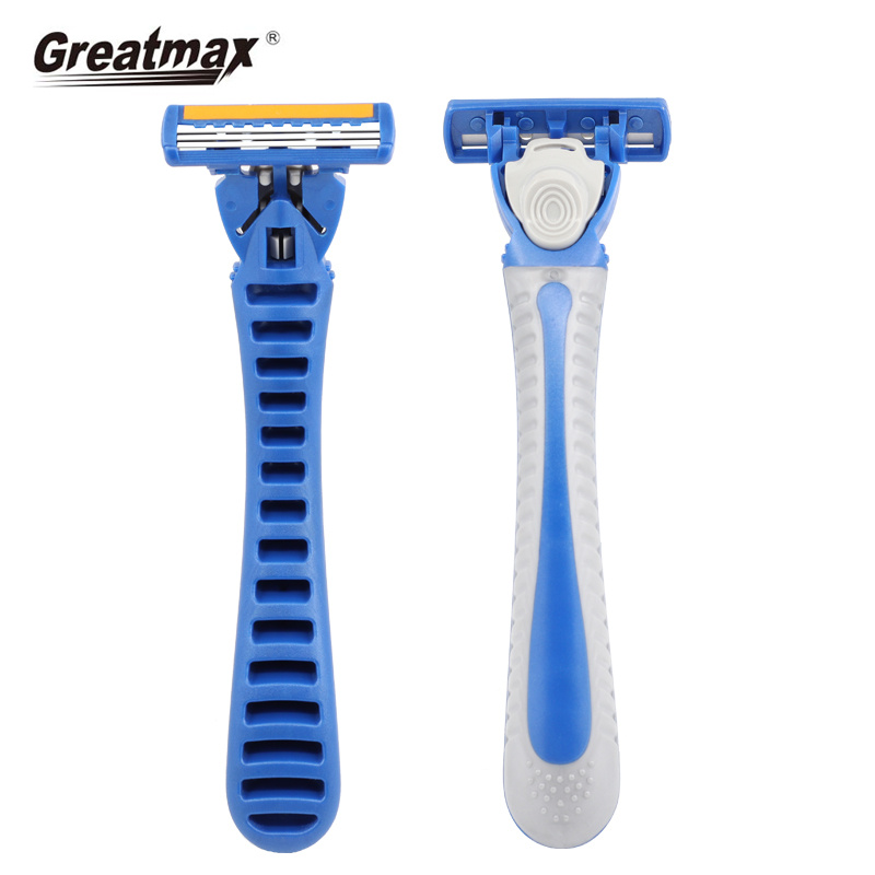 Six stainless steel blade with vitamin E lubricating strip rubber grip handle Mens Shaving system razor