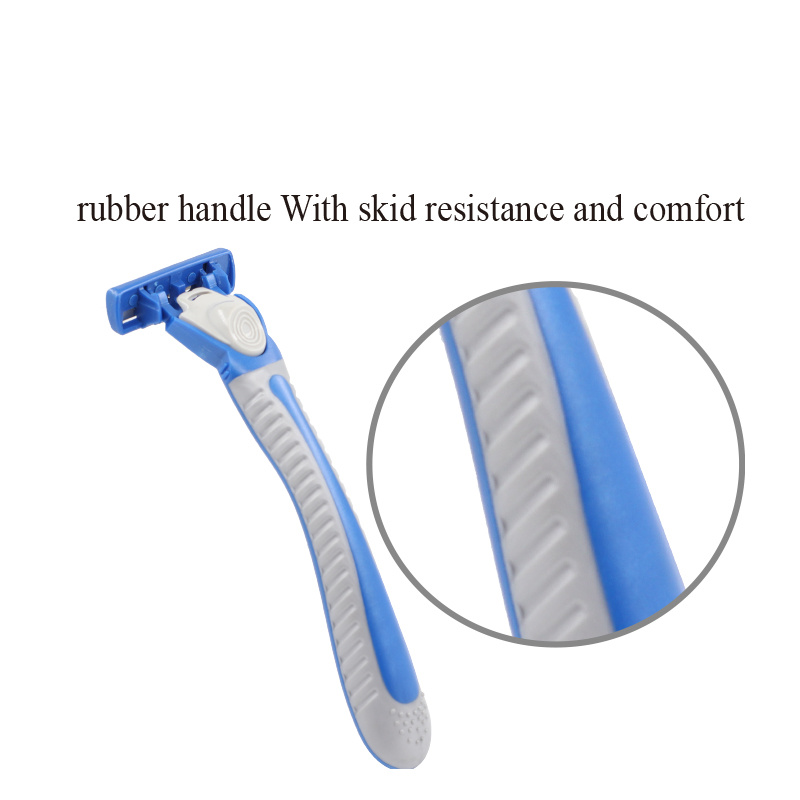 Six stainless steel blade with vitamin E lubricating strip rubber grip handle Mens Shaving system razor