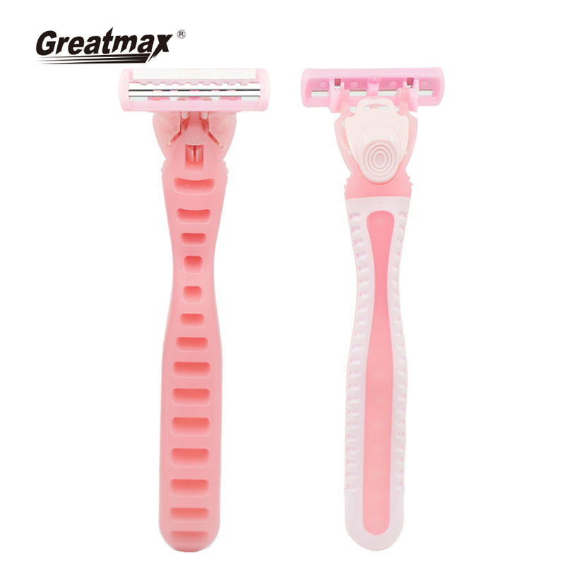 Two blade disposable razor with lubricating strip and super rubber handle women shaver