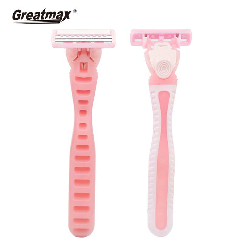 Two blade disposable razor with lubricating strip and super rubber handle women shaver