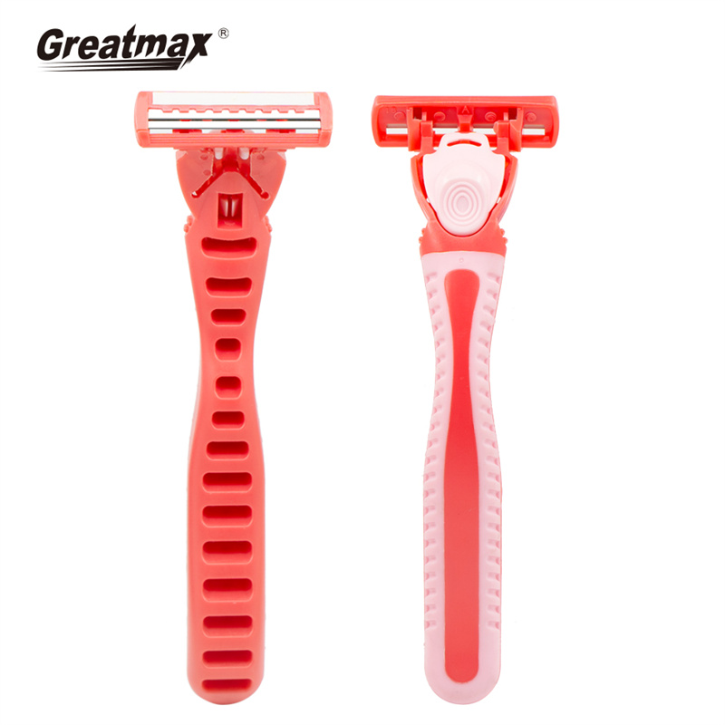 Two blade disposable razor with lubricating strip and super rubber handle women shaver